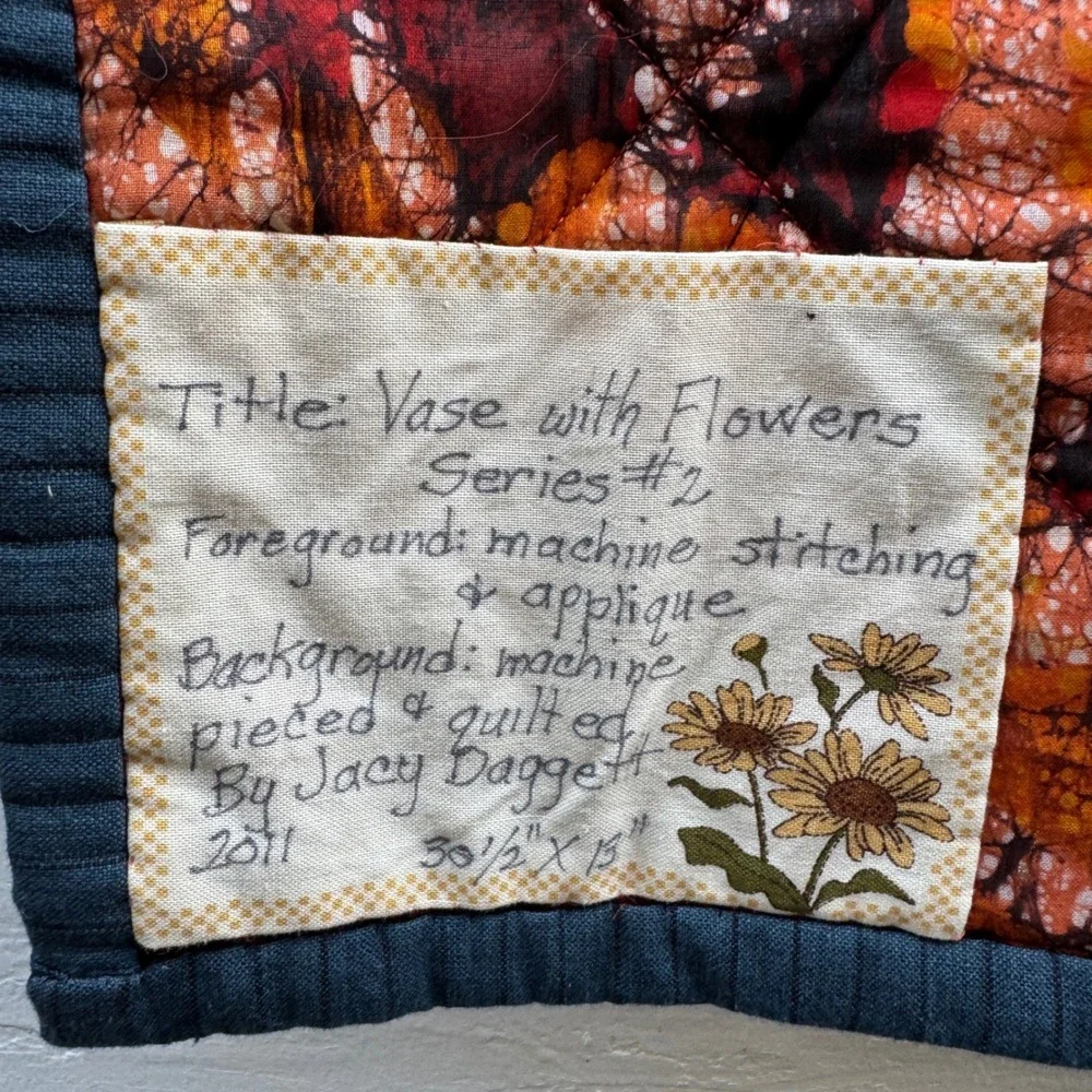 handmade tapestry Quilted Wall Hang Orange Floral Fiber Art Vase Flowers 3D